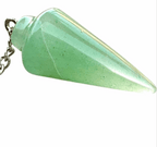 Close-up of green aventurine pendulum bag charm with metal chain clasp