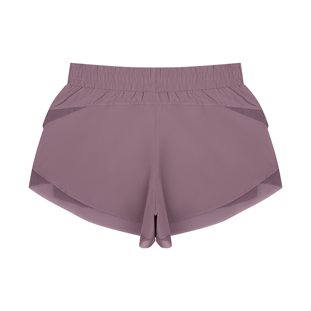 Purple paneled yoga shorts with wide elastic waistband and layered hem detail.