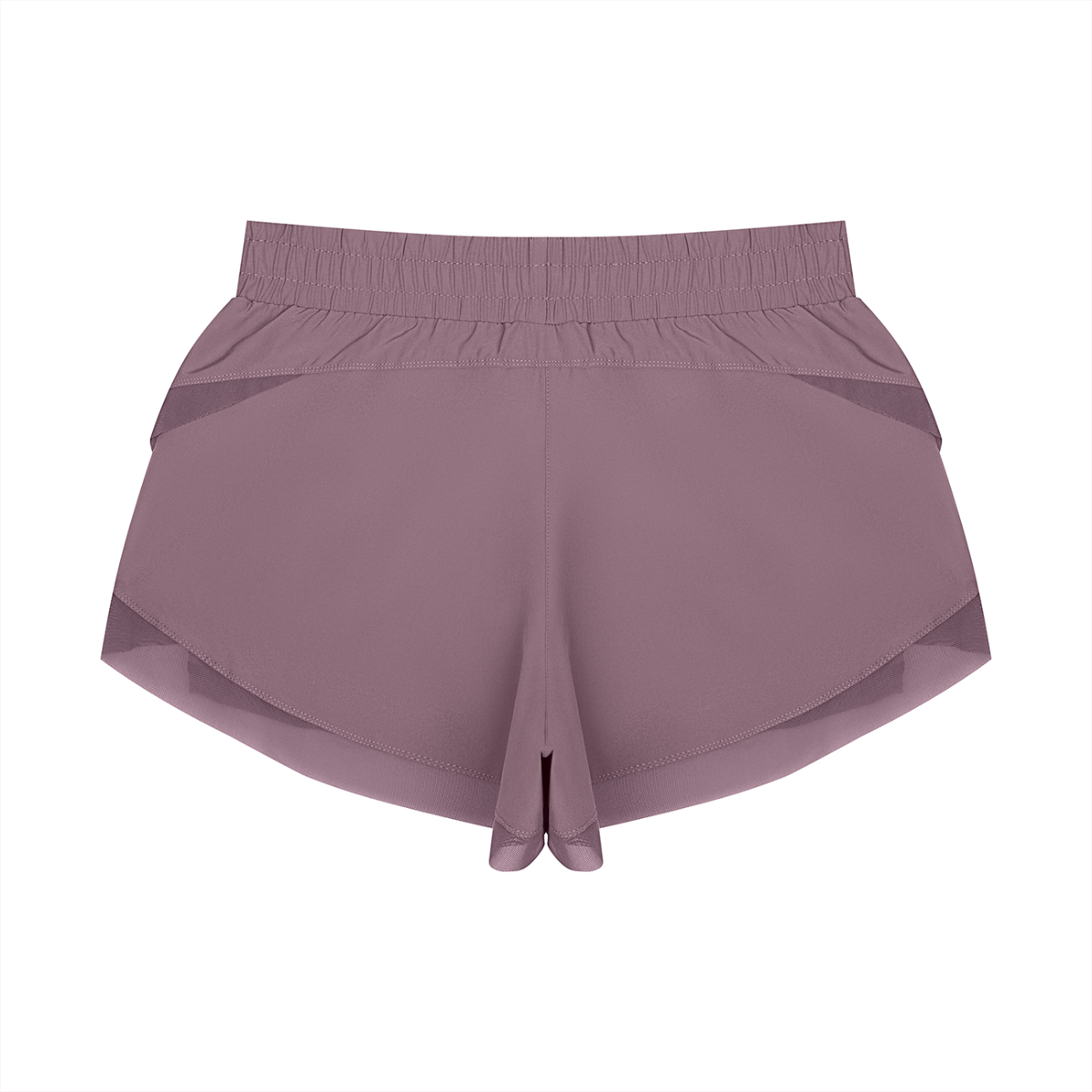 Purple paneled yoga shorts with wide elastic waistband and layered hem detail.