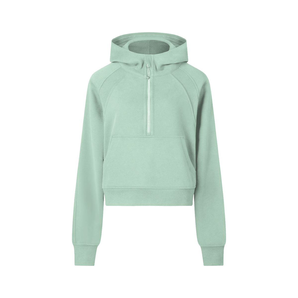 Cropped half-zip hoodie in mint green, hooded with front zip and kangaroo pocket