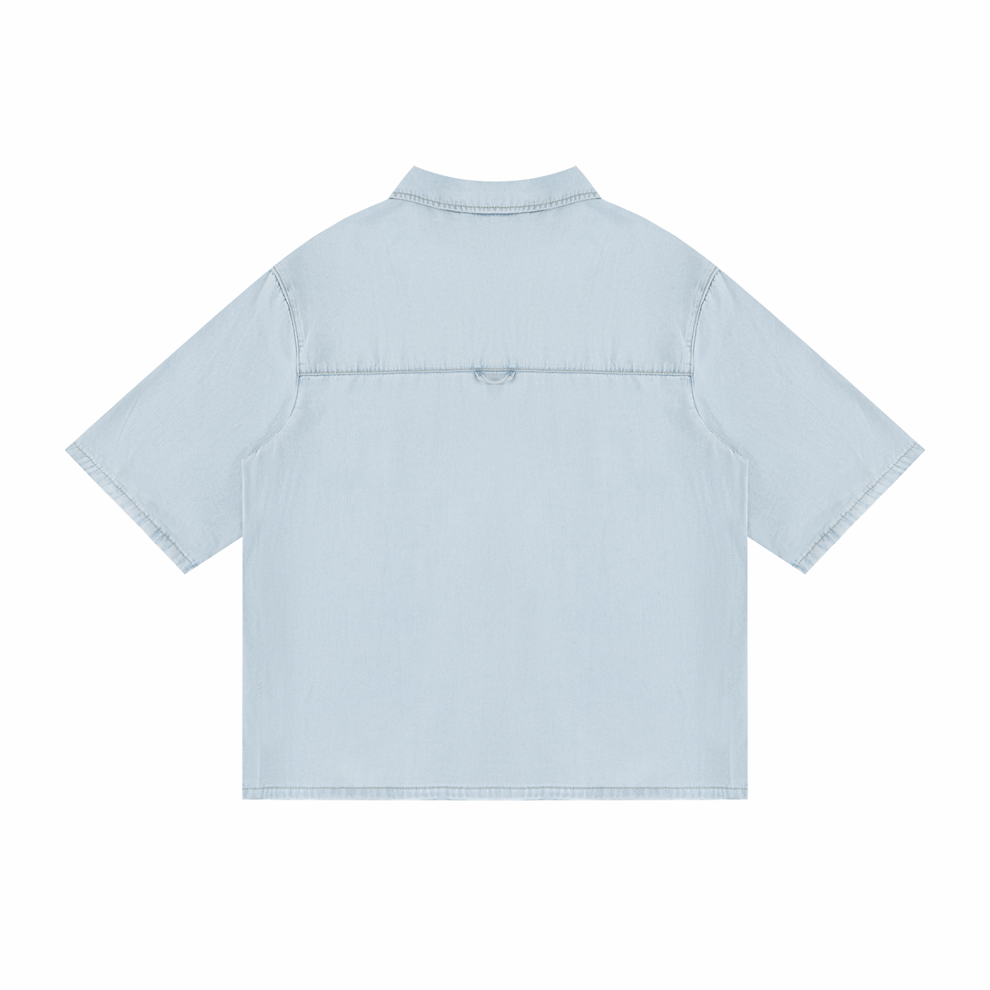 Unisex vintage wash drop-shoulder lyocell shirt, light blue, back view with yoke seam