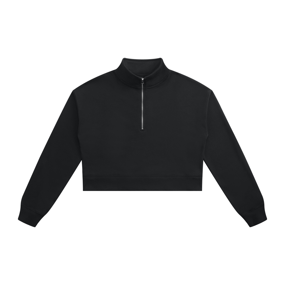Black cropped quarter-zip sweatshirt with stand collar and front zipper