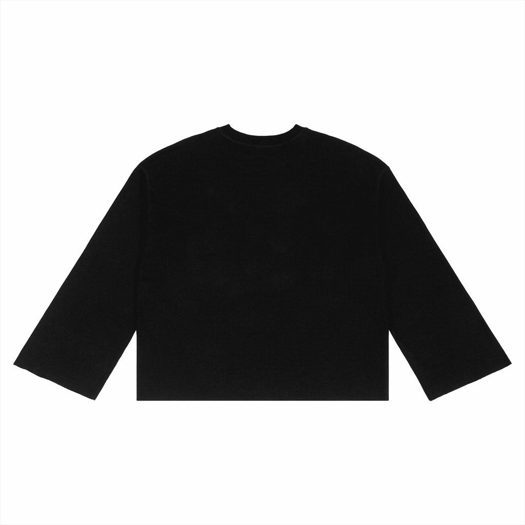Black unisex waffle knit T-shirt, loose silhouette, short sleeves