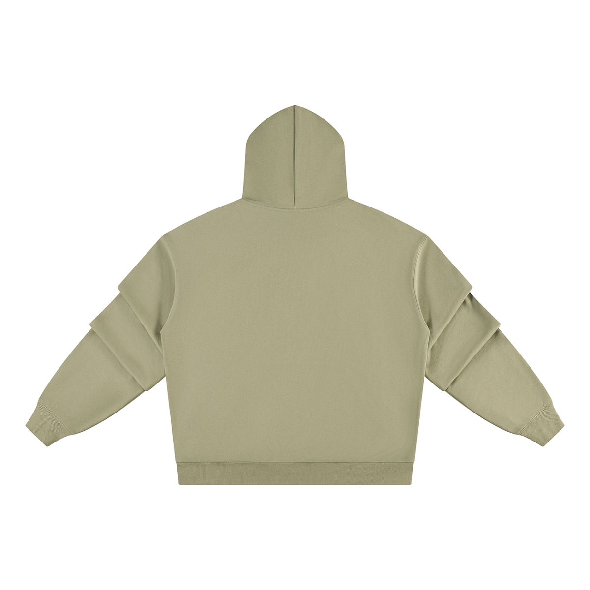 Olive pullover hoodie back view with ruched sleeves and hood.