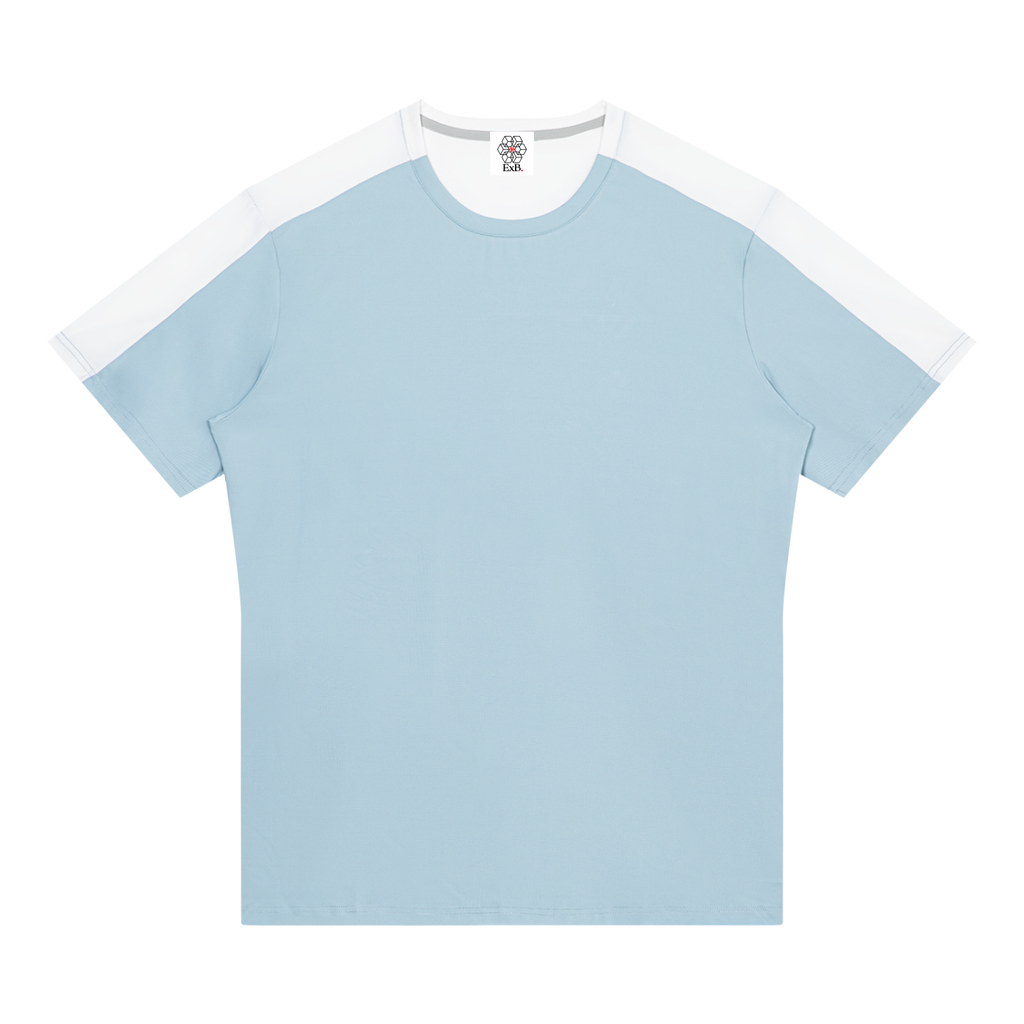 Light blue performance t-shirt with white shoulder/side panels and crew neck