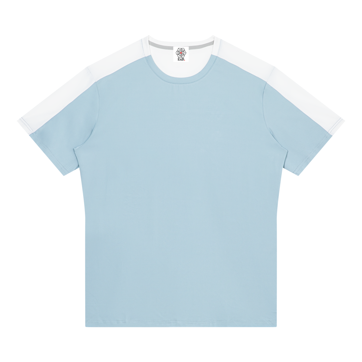 Light blue performance t-shirt with white shoulder/side panels and crew neck