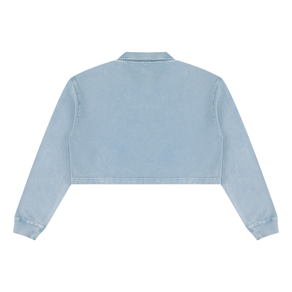 Light blue vintage wash crop sweatshirt with ribbed cuffs and collar, back view