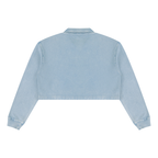 Light blue vintage wash crop sweatshirt with ribbed cuffs and collar, back view