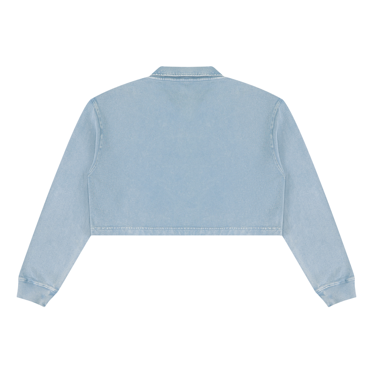 Light blue vintage wash crop sweatshirt with ribbed cuffs and collar, back view