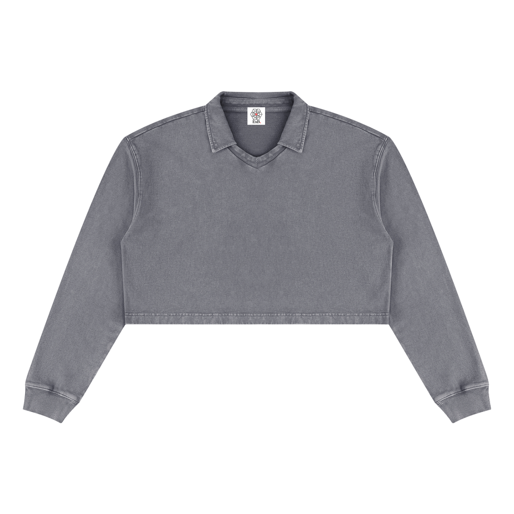 Dark gray vintage wash crop sweatshirt with V-neck collar and ribbed cuffs, front view