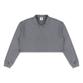 Dark gray vintage wash crop sweatshirt with V-neck collar and ribbed cuffs, front view