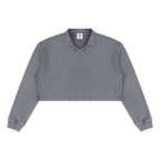 Dark gray vintage wash crop sweatshirt with V-neck collar and ribbed cuffs, front view