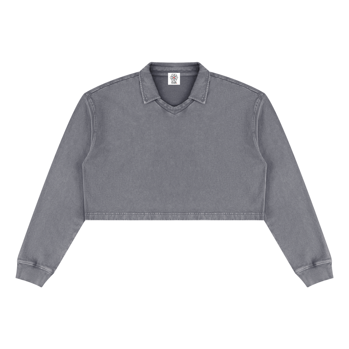 Dark gray vintage wash crop sweatshirt with V-neck collar and ribbed cuffs, front view