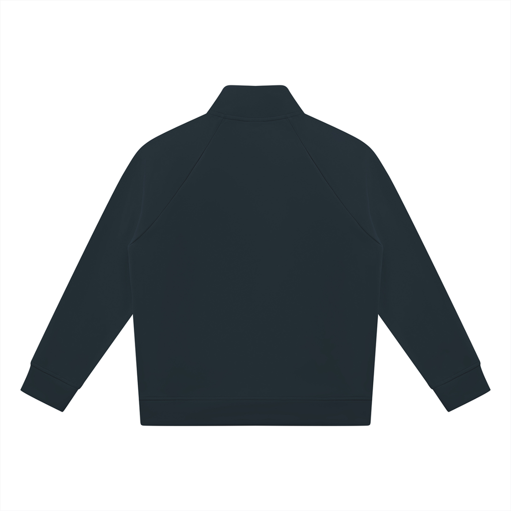 Dark stand collar zip jacket, back view with raglan-style long sleeves.