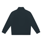 Dark stand collar zip jacket, back view with raglan-style long sleeves.