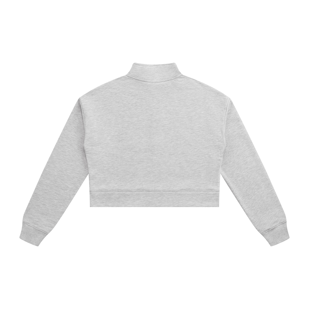 Light gray cropped quarter-zip sweatshirt, back view with stand collar
