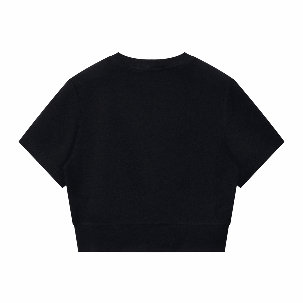 Black paneling full-zip T-shirt with short sleeves and back seam detail
