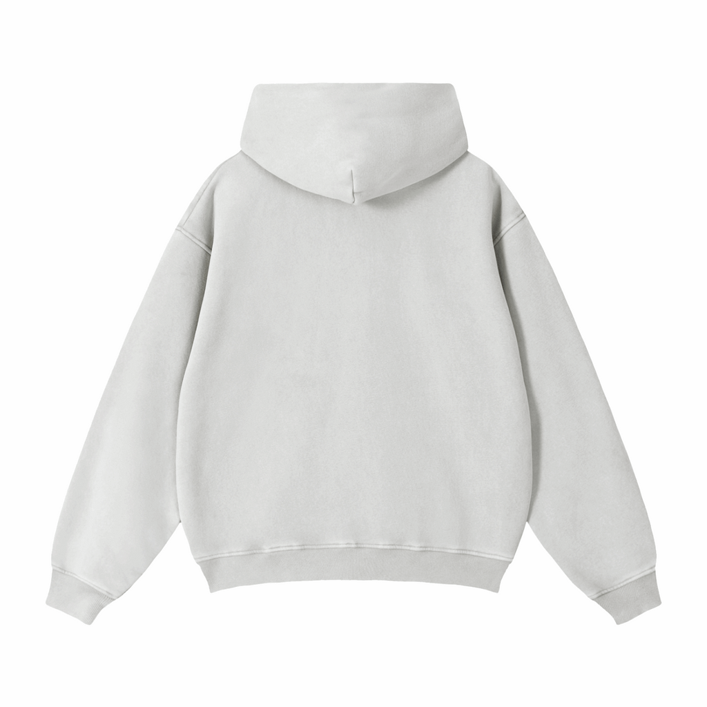 Light gray zip-through boxy fleece hoodie with hood, back view