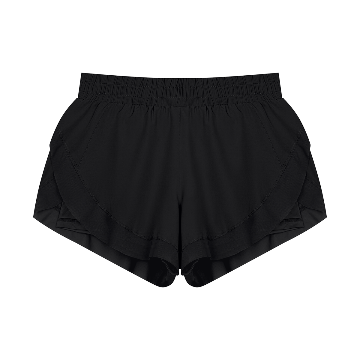 Black paneled yoga shorts with wide elastic waistband and layered side panels.