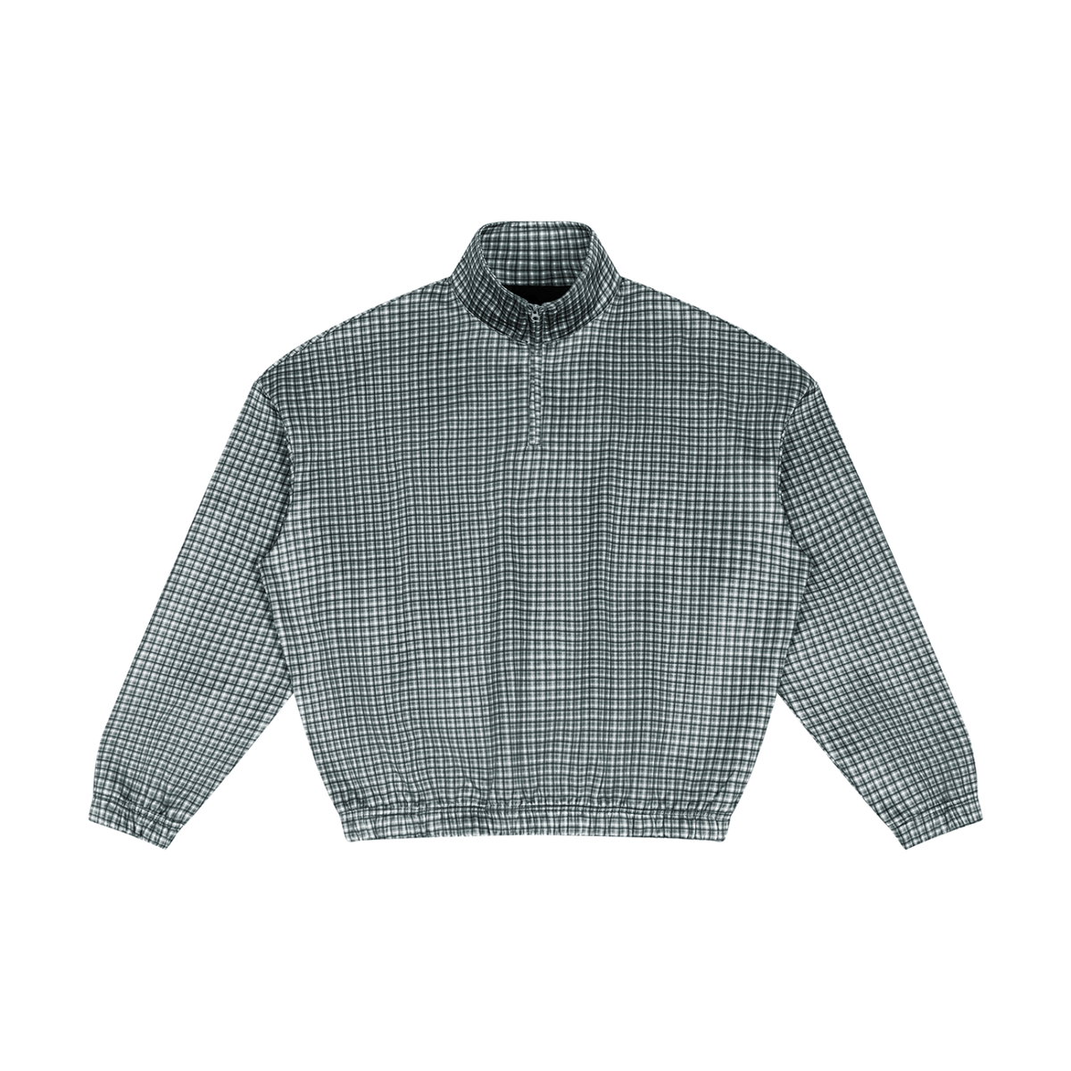 Unisex plaid quarter-zip sweatshirt, navy blue, front view with stand collar