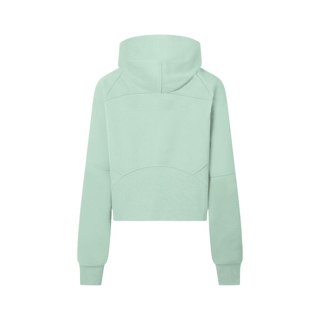 Cropped half-zip hoodie in mint green, back view with hood and centered seam