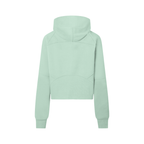 Cropped half-zip hoodie in mint green, back view with hood and centered seam