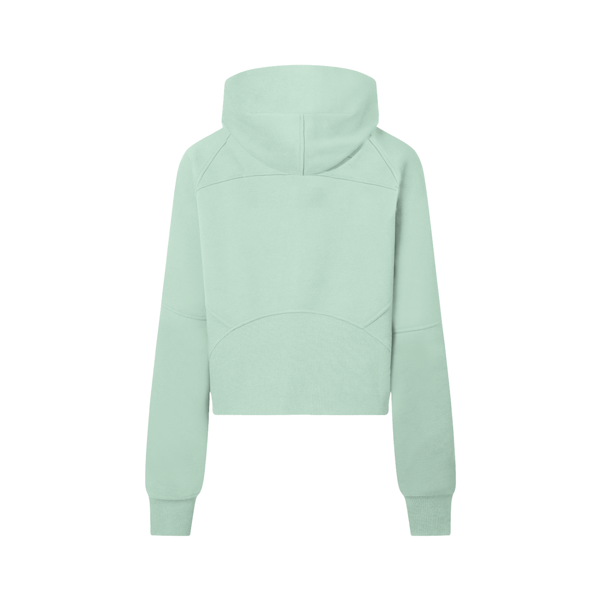 Cropped half-zip hoodie in mint green, back view with hood and centered seam