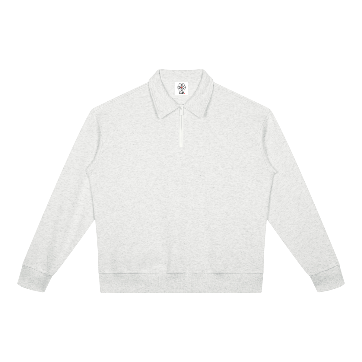 Light gray heather quarter-zip sweatshirt with stand collar and long sleeves.