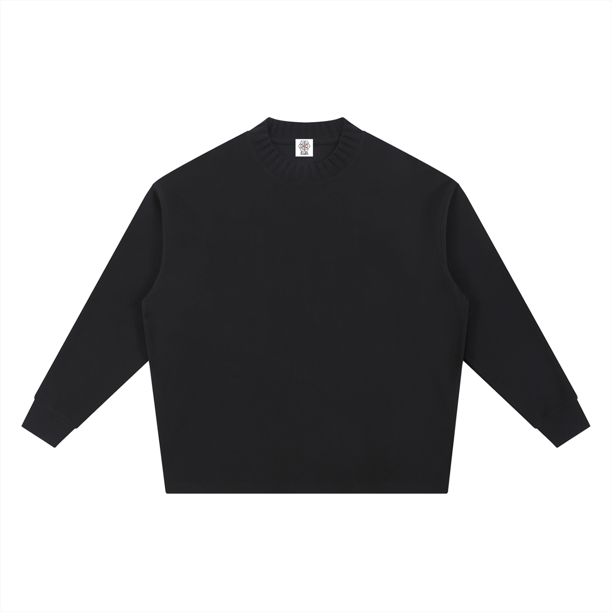 Black knitted oversize sweatshirt with crew round neck and long sleeves, front view
