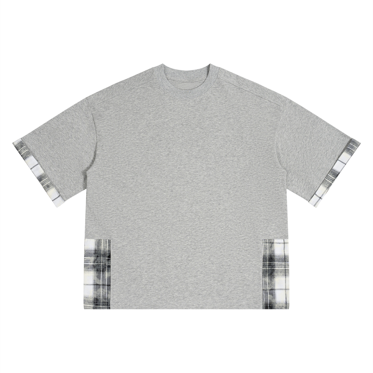 Light gray unisex T-shirt with plaid side panels and plaid-cuffed sleeves