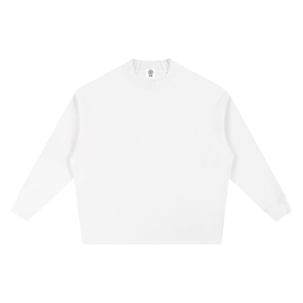 White knitted oversize sweatshirt with crew round neck and long sleeves, front view