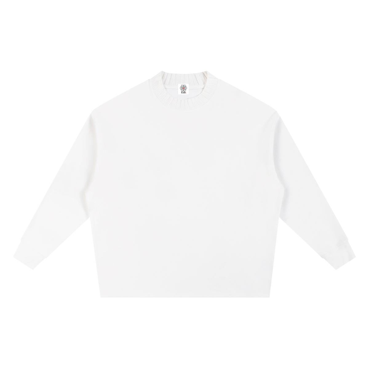White knitted oversize sweatshirt with crew round neck and long sleeves, front view