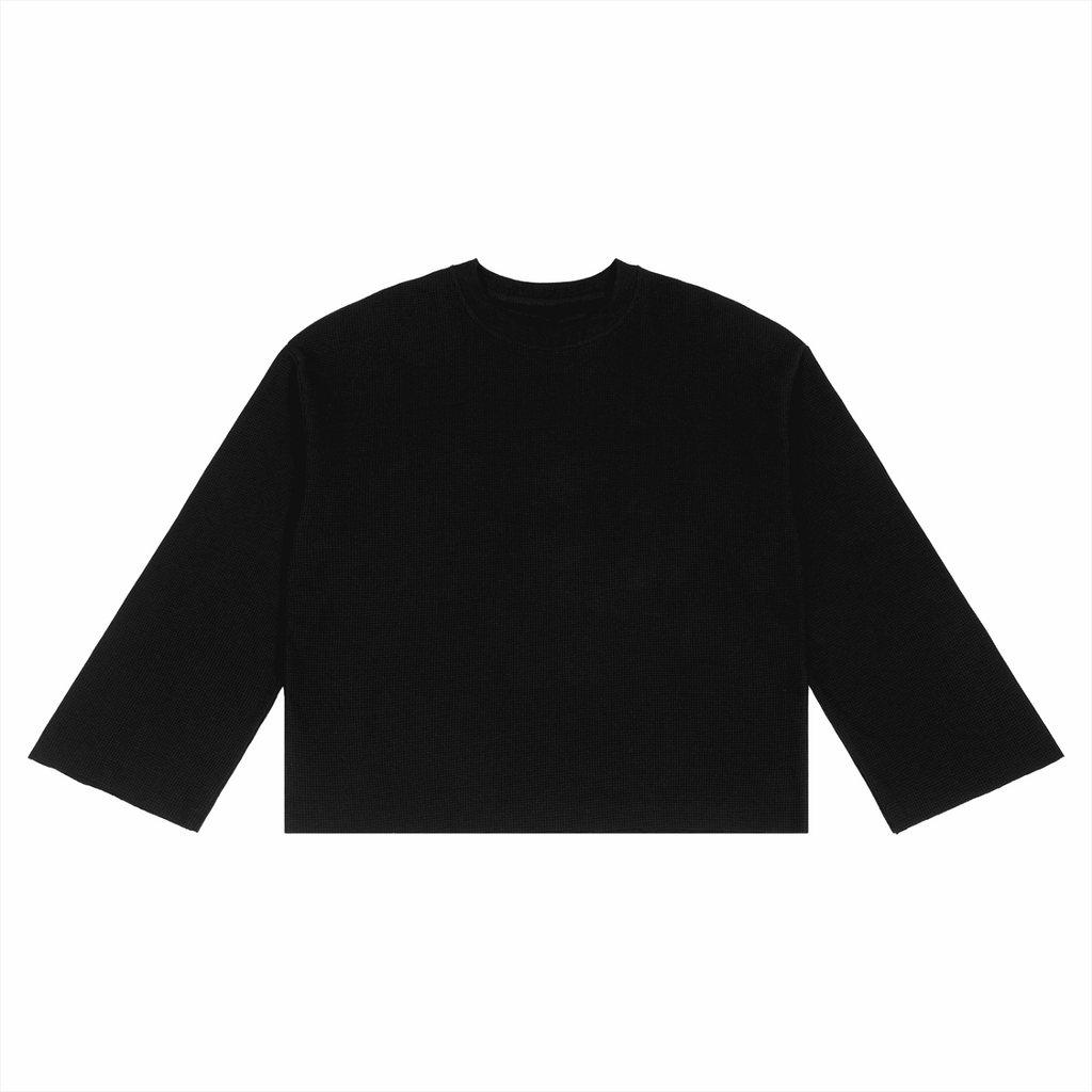 Black unisex waffle knit T-shirt with crew neck and short sleeves