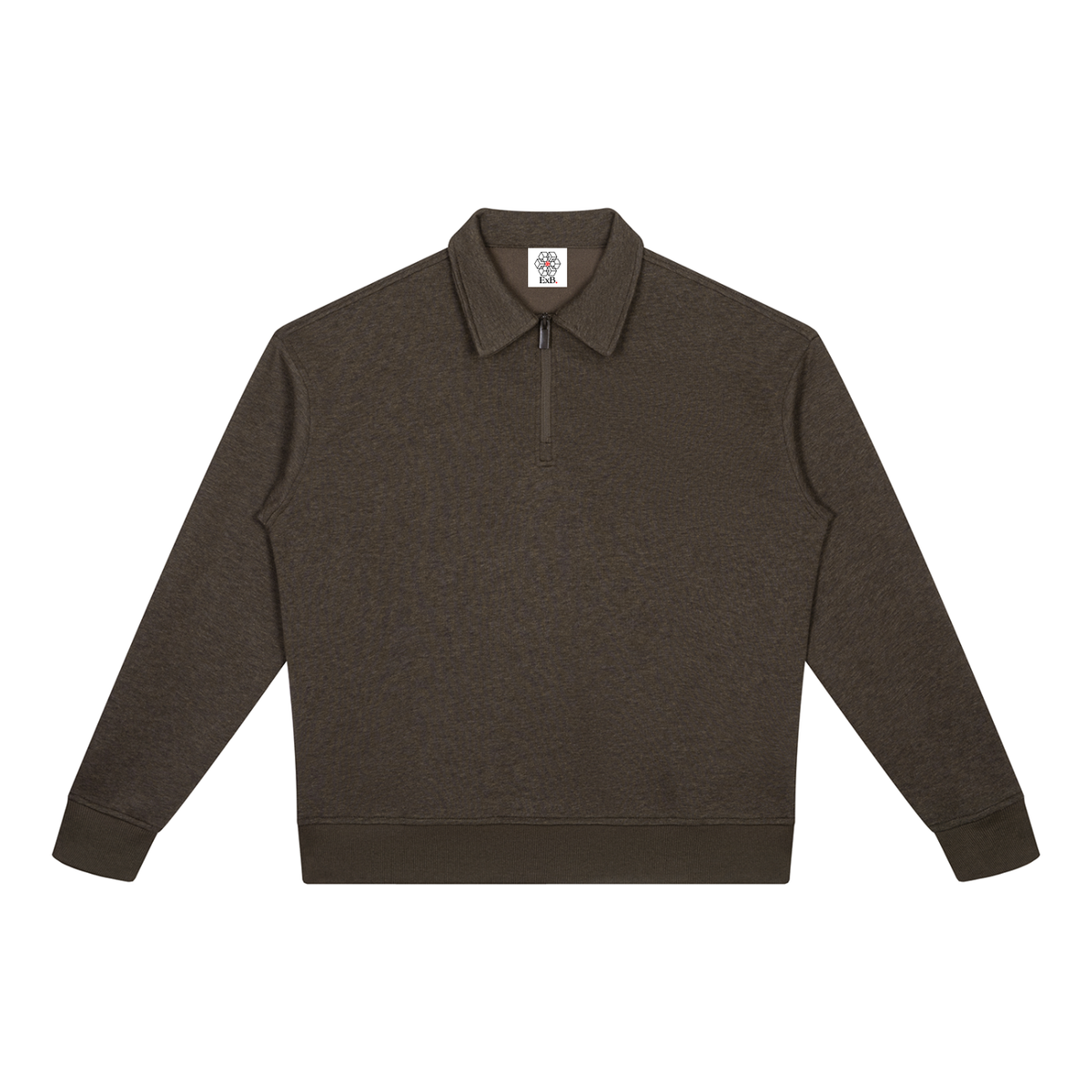 Coffee brown heather quarter-zip sweatshirt with stand collar and long sleeves, boxy fit.