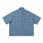 Distressed blue short-sleeve button-up shirt, back view