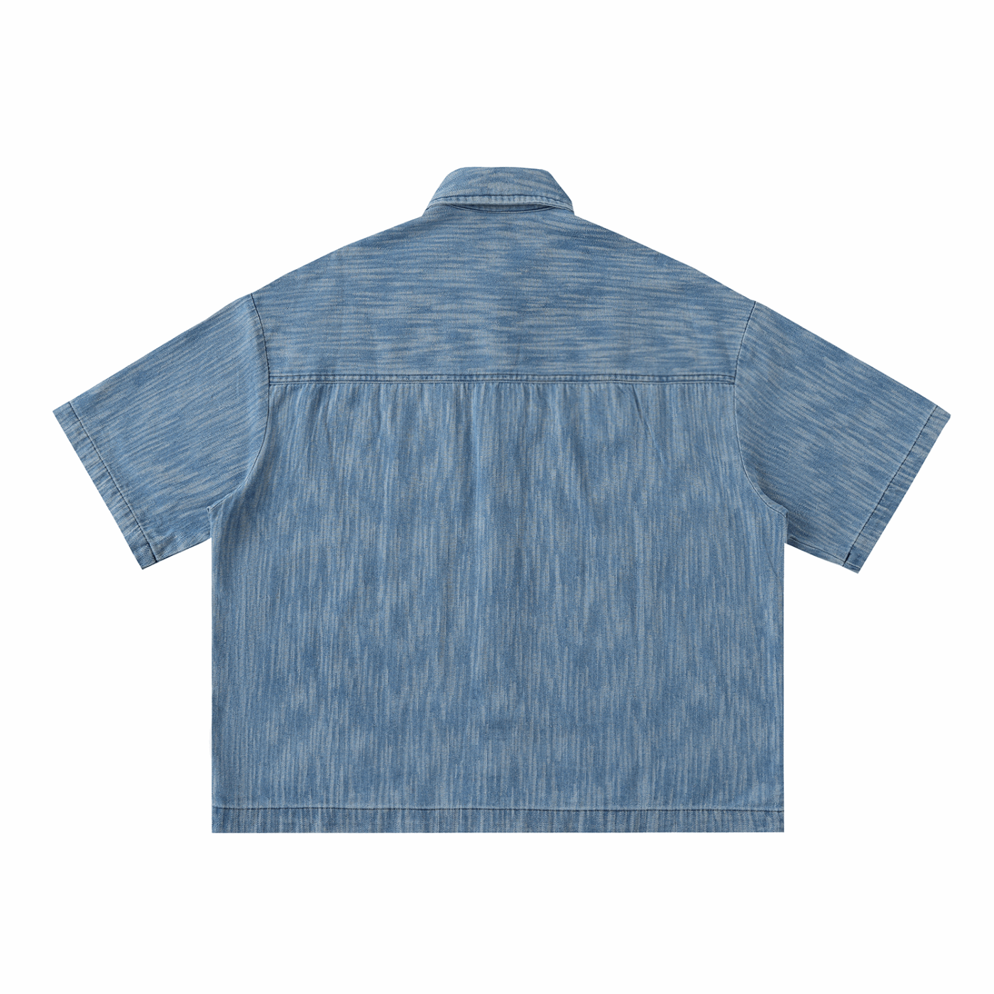 Blue distressed short-sleeve button-up shirt, back view with yoke and curved hem