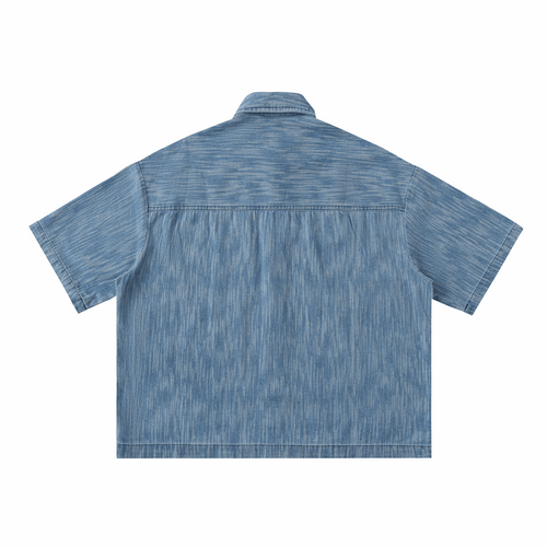 Distressed blue short-sleeve button-up shirt, back view