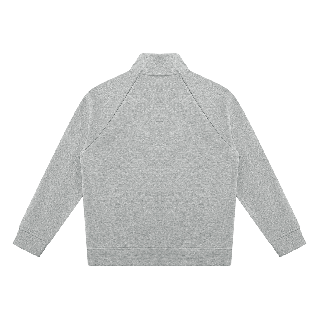 Heather gray stand-collar jacket, full-zip back with raglan seams