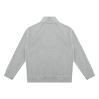 Heather gray stand-collar jacket, full-zip back with raglan seams