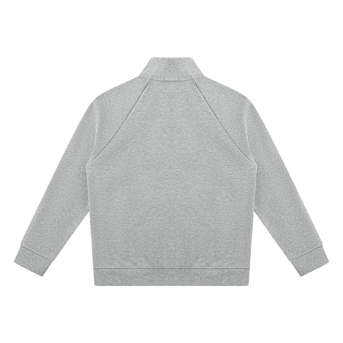 Heather gray stand-collar jacket, full-zip back with raglan seams