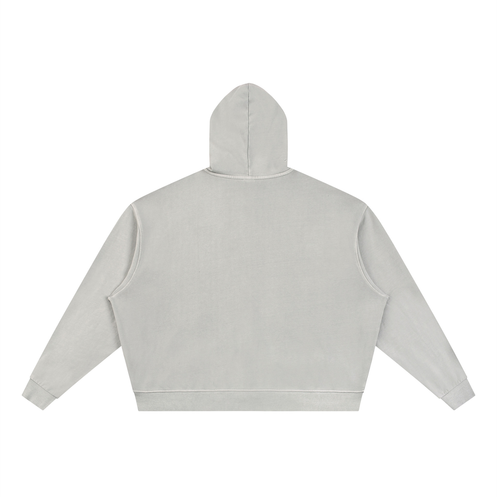 Light gray full-zip boxy hoodie with hood, shown from the back