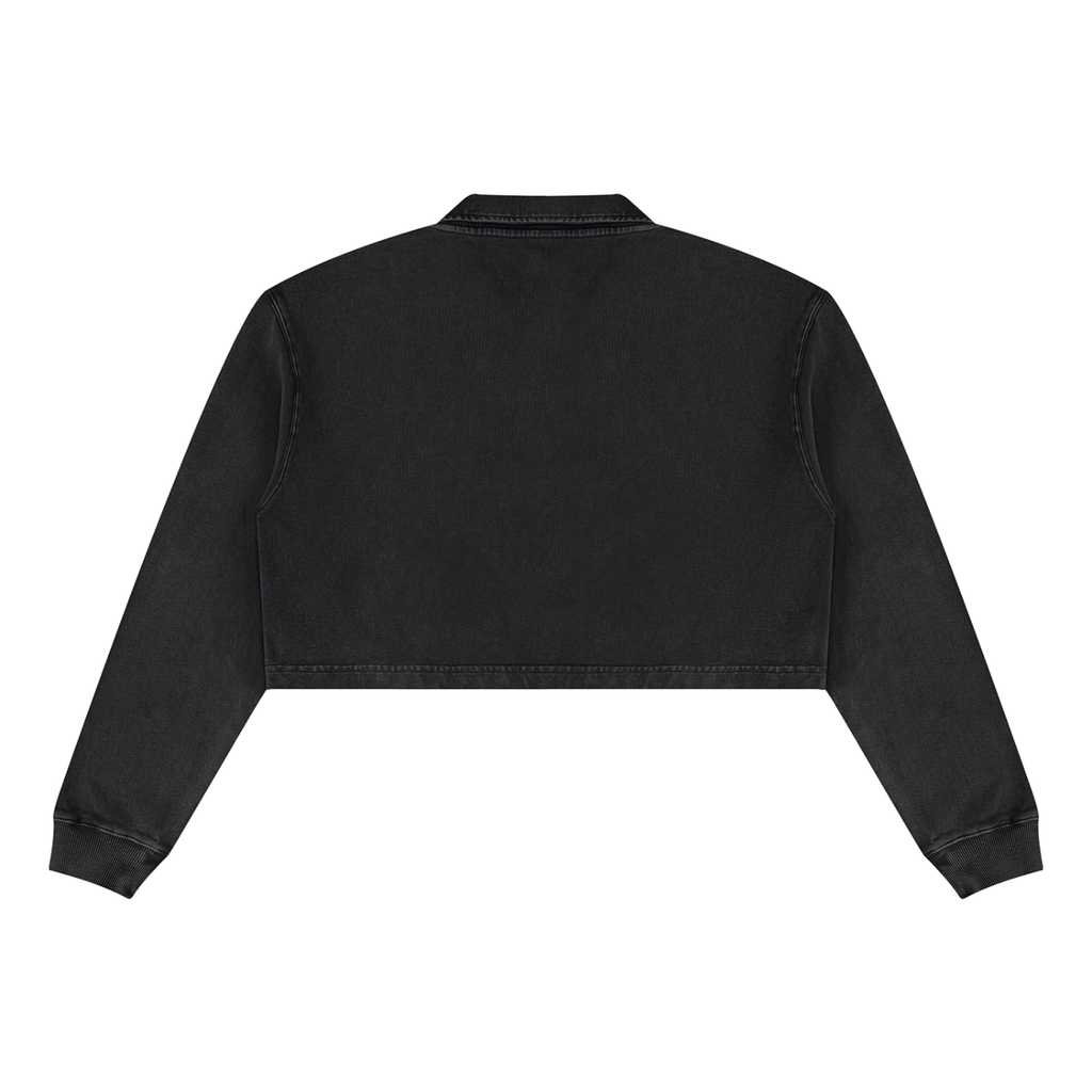 Black cropped sweatshirt, back view with V-neck and long sleeves