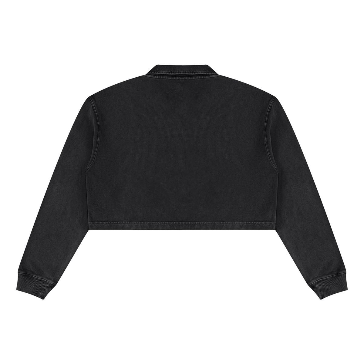 Black cropped sweatshirt, back view with V-neck and long sleeves