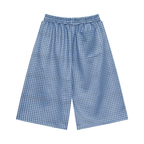 Sky blue plaid drawstring shorts, elastic waistband with gray drawstring