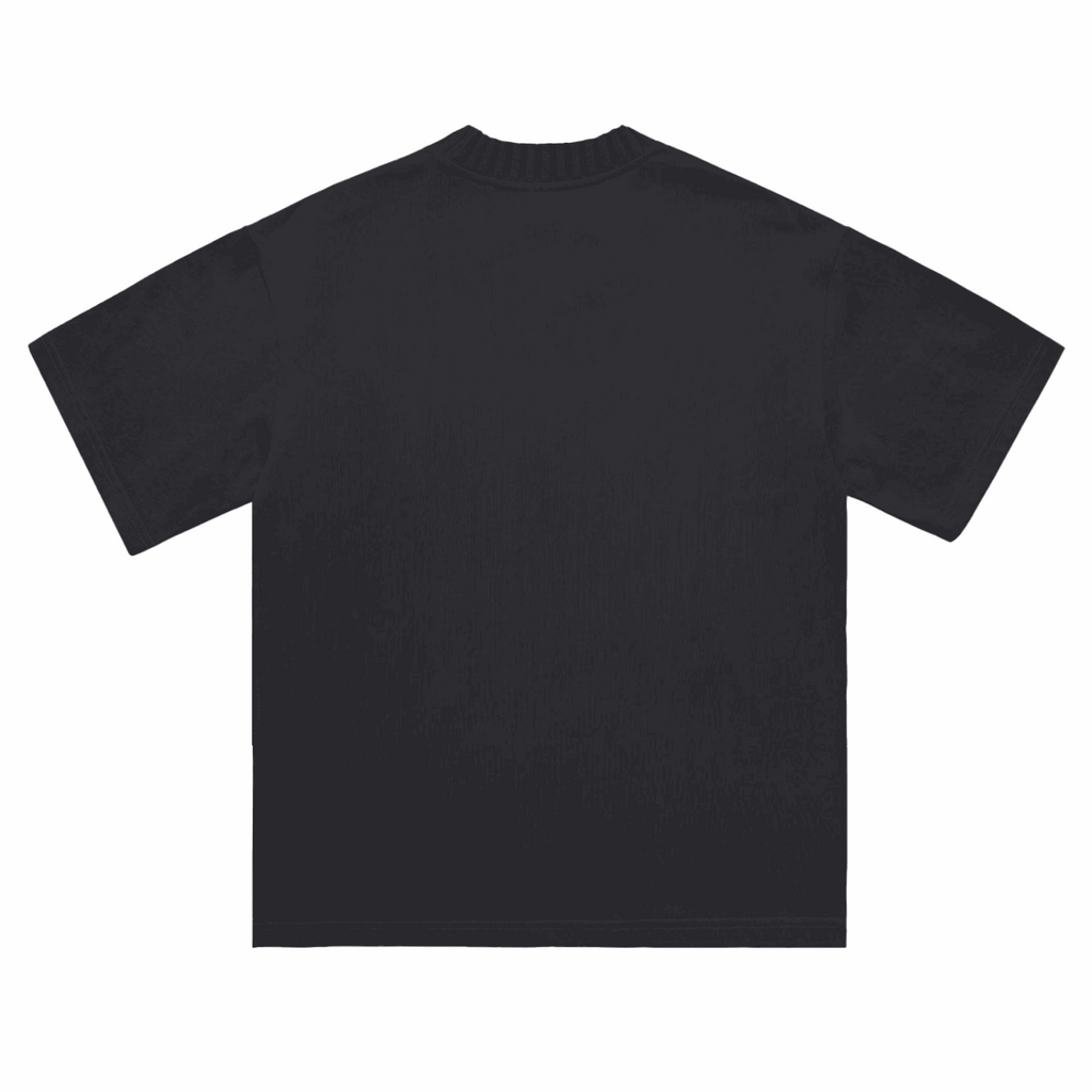Black heavyweight knit crew-neck T-shirt, short sleeves, ribbed collar, back view
