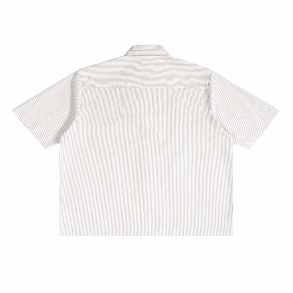 Apricot white vertical stripe boxy shirt, short sleeves, button-back view