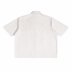 Apricot white vertical stripe boxy shirt, short sleeves, button-back view