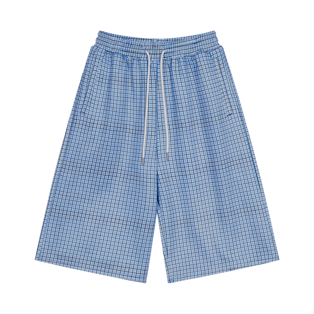 Sky blue plaid drawstring shorts with elastic waist and inner gray drawcord