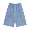 Sky blue plaid drawstring shorts with elastic waist and inner gray drawcord