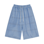 Sky blue plaid drawstring shorts with elastic waist and inner gray drawcord